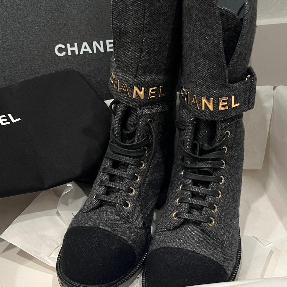 CHANEL Women's Cap Toe Combat Boots Tweed: Black and Gray Sparkle - Size 36